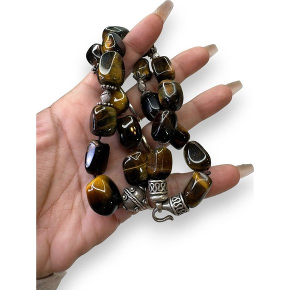 Heavy Sterling Silver Chunky Tigers Eye Necklace Hook Clasp 20” - Picture 8 of 8